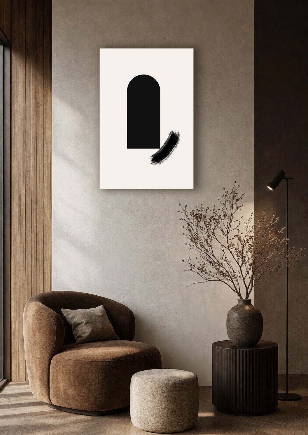 Modern abstract poster styled in a minimalist entryway with natural decor elements.