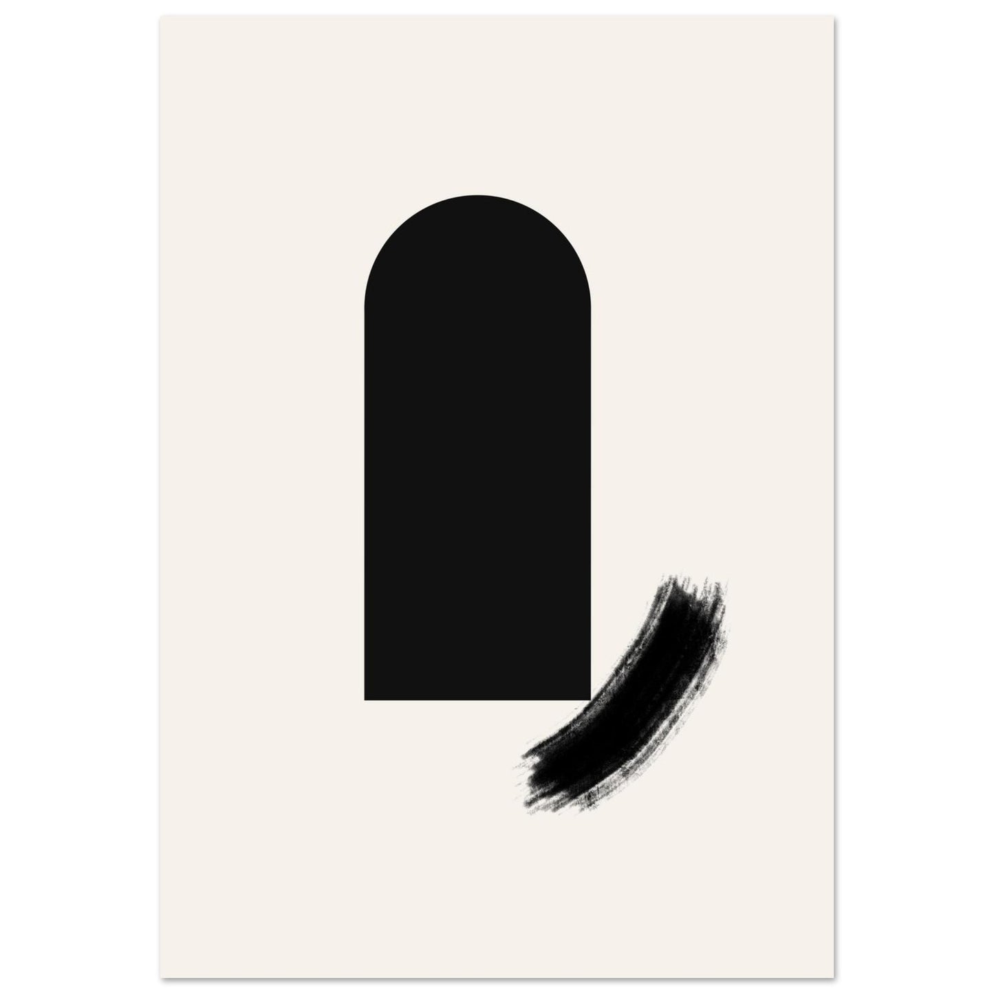 Minimalist black arch wall art poster with contemporary brush details on a beige background.