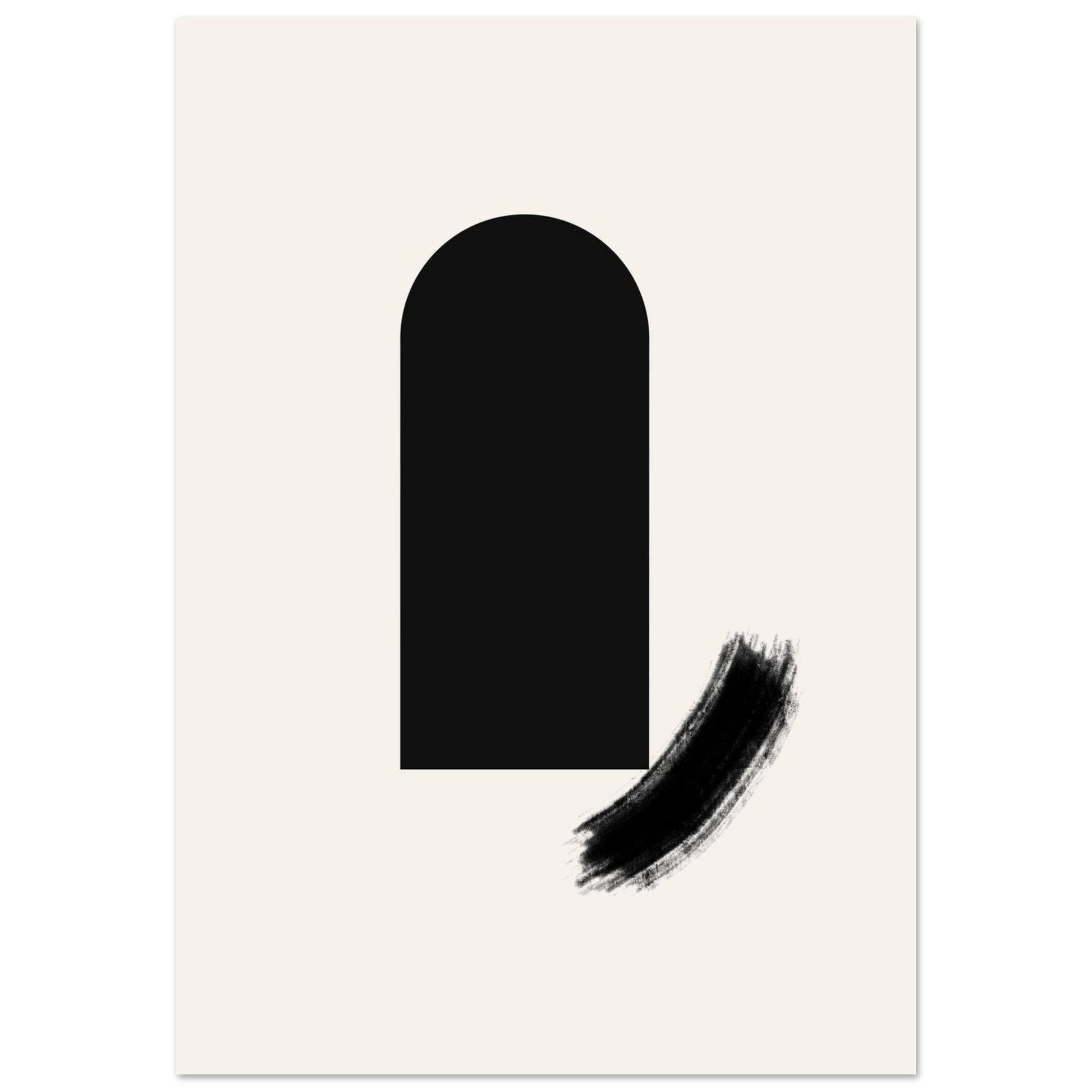 Minimalist black arch wall art poster with contemporary brush details on a beige background.