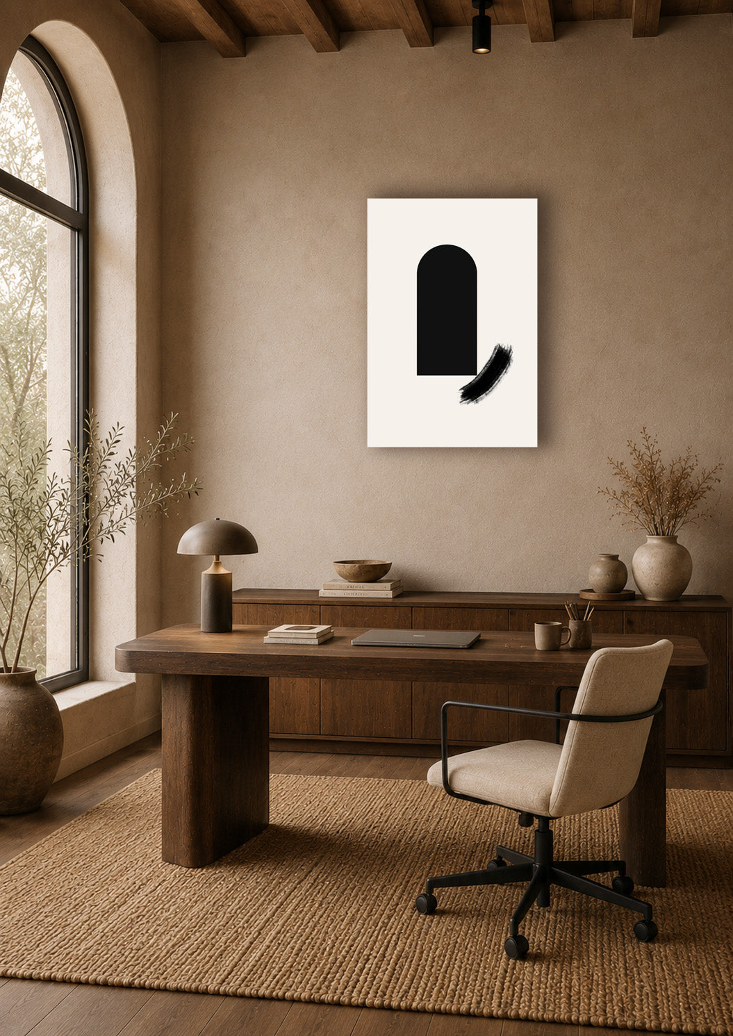 Japandi wall art poster displayed in a cozy minimalist home office workspace.
