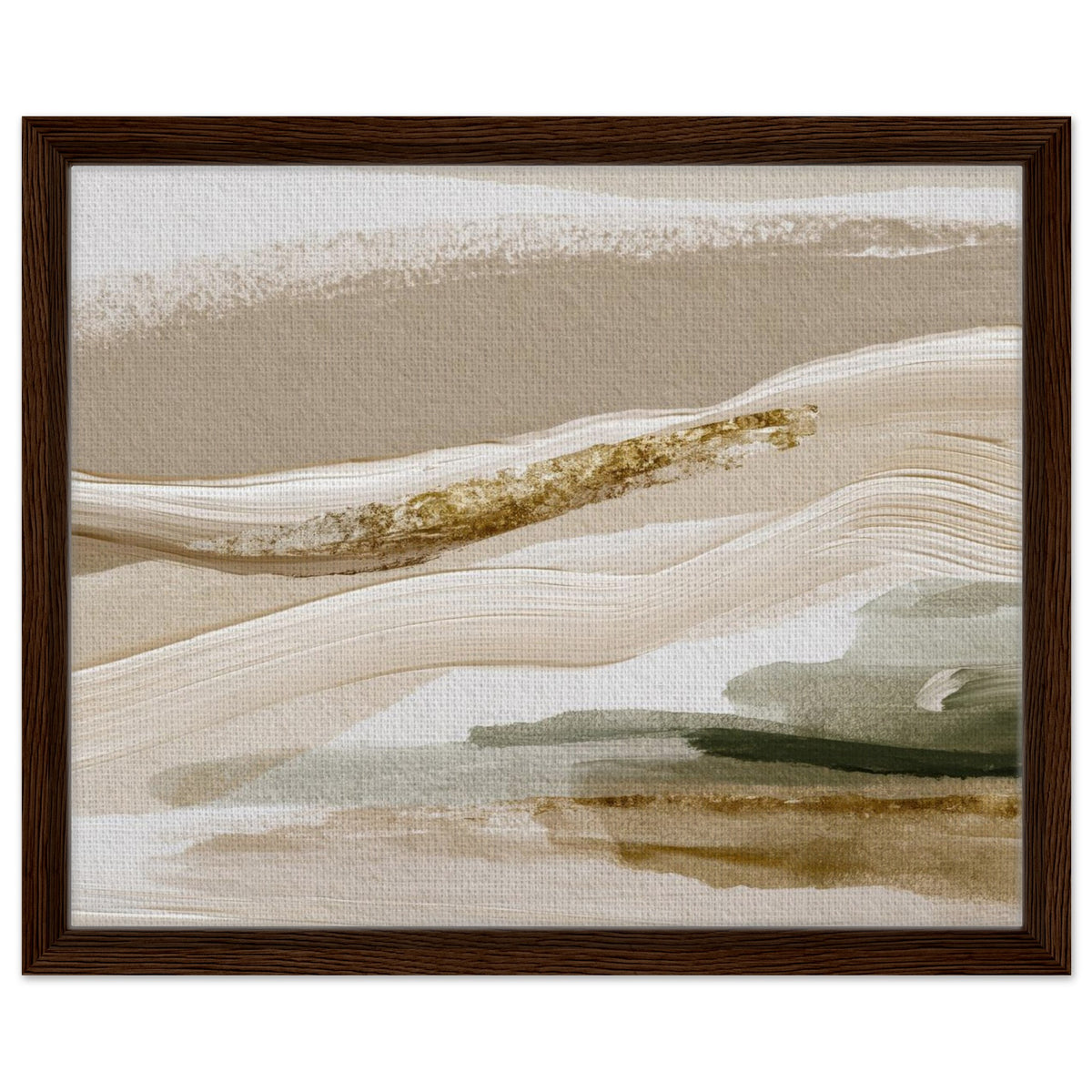 Soft earth tone print with ivory sage and muted gold details in dark wood frame