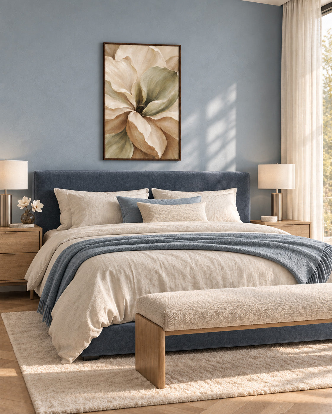 Soft floral framed print above the bed in a calm bedroom with a blue wall and linen bedding