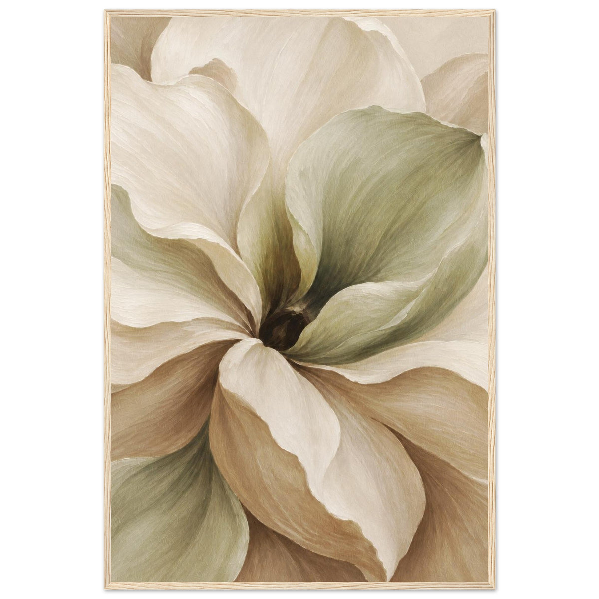 Neutral flower framed print in sage and beige tones with a natural oak frame