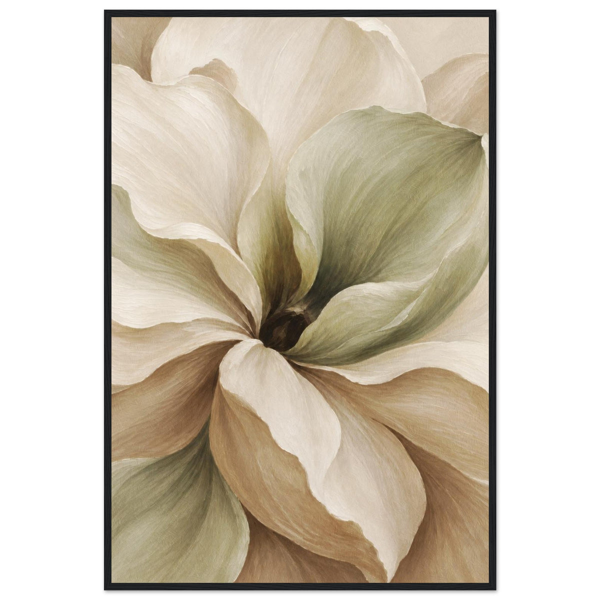 Minimalist floral wall art in soft sage and beige with a thin black frame