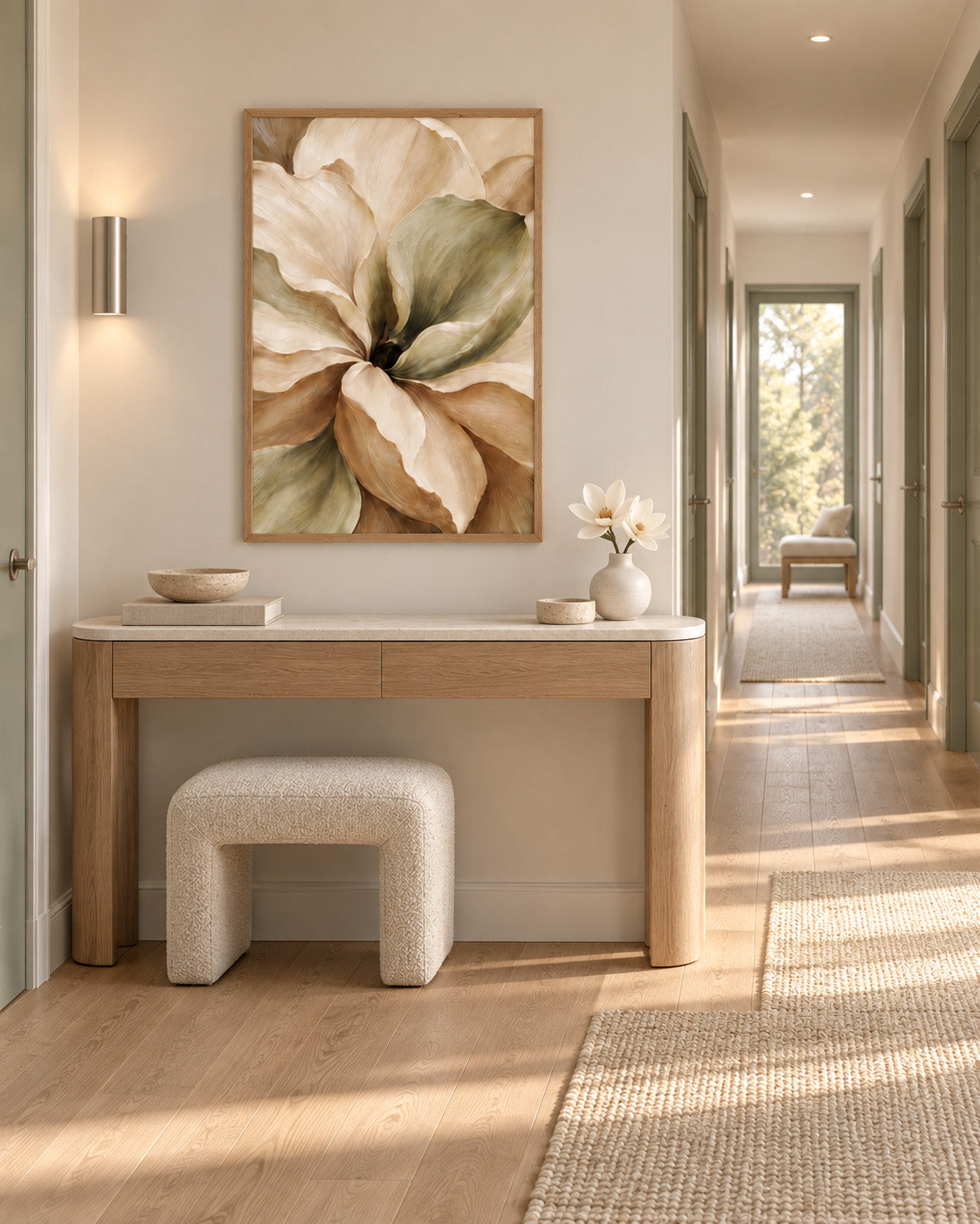 Neutral floral framed wall art above a wooden console in a bright minimalist hallway