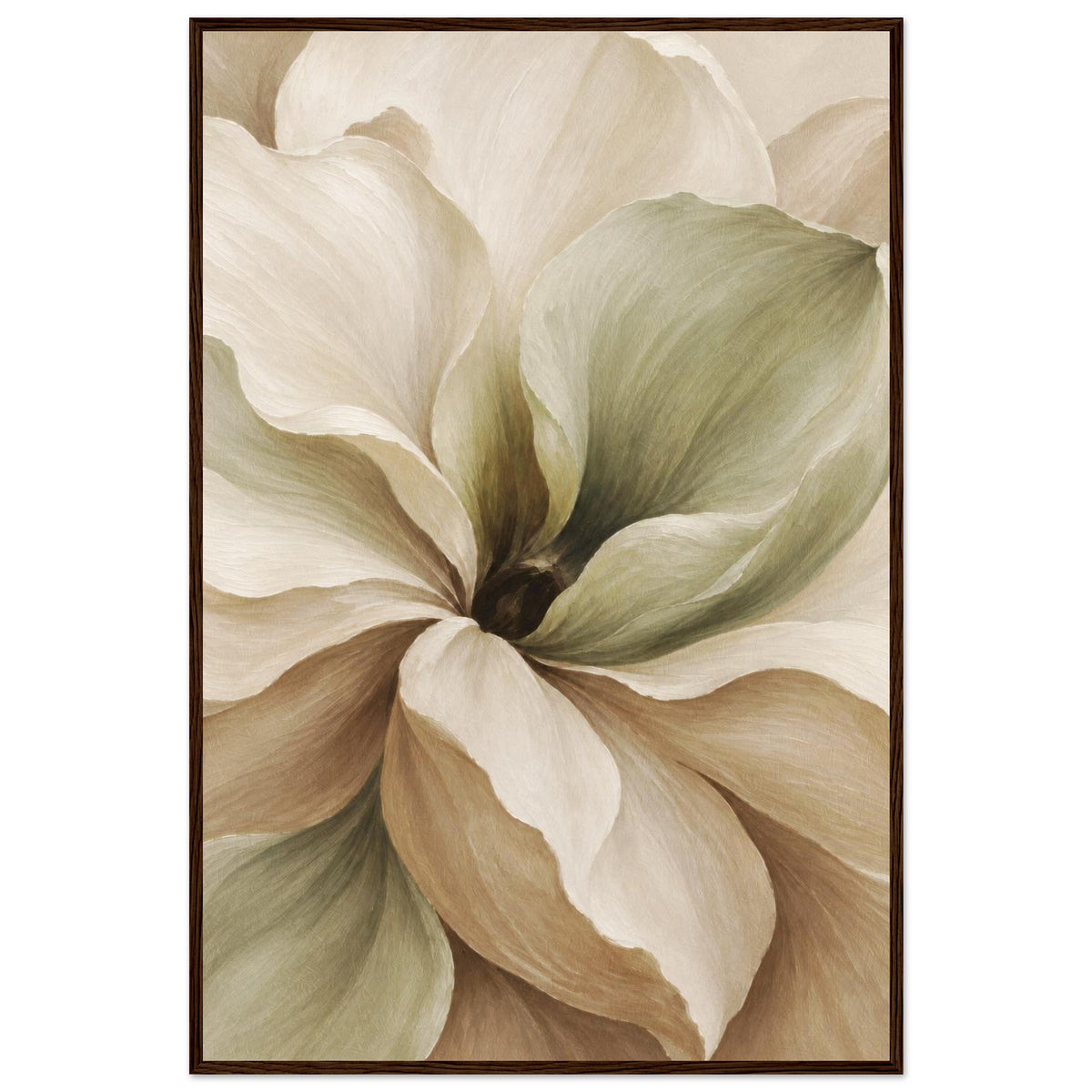 Soft floral framed wall art in cream, sage green and beige with a dark walnut wood frame