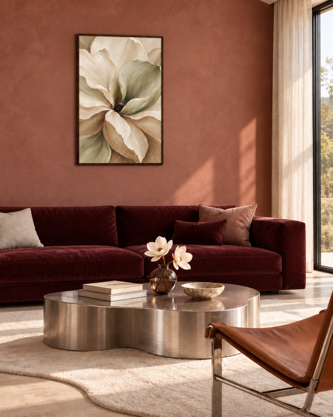 Sage and cream floral framed print on a terracotta wall above a burgundy sofa in a warm living room
