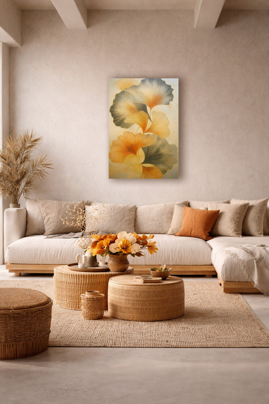 Soft floral canvas displayed above a beige sectional sofa in a cozy living room with warm neutral tones and woven decor accents.