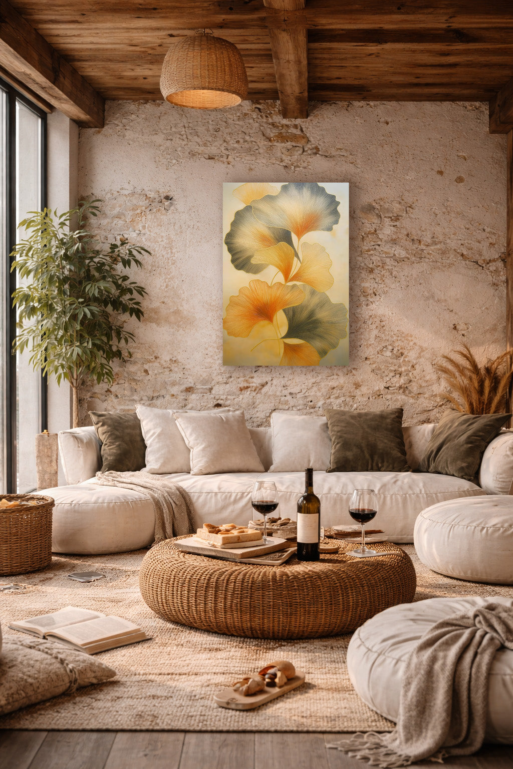 Pastel floral wall art featured in a rustic living room with textured walls, natural wood beams, soft seating, and earthy decor.