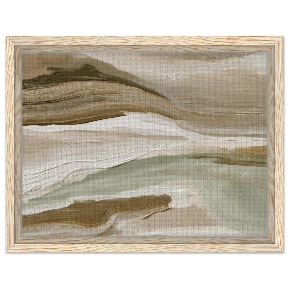 Soft green abstract landscape with layered neutral tones in natural wood frame