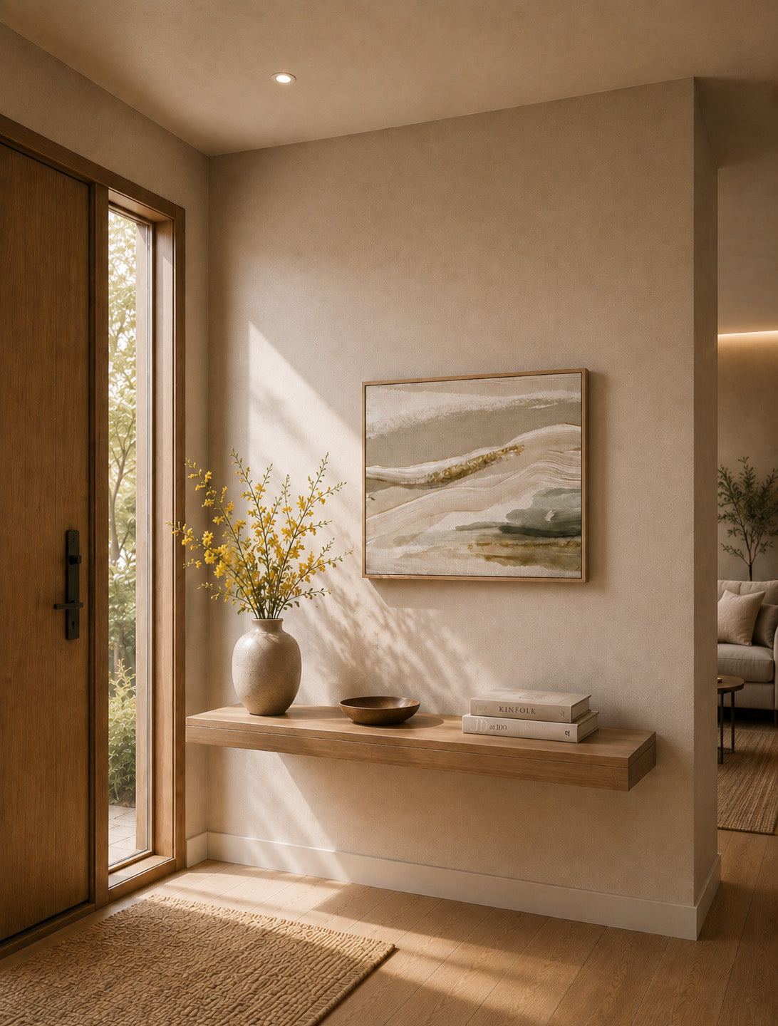 Soft landscape inspired artwork displayed in a warm minimalist hallway