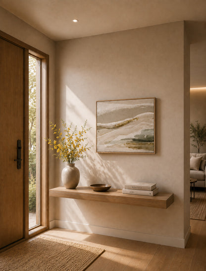 Soft landscape inspired artwork displayed in a warm minimalist hallway