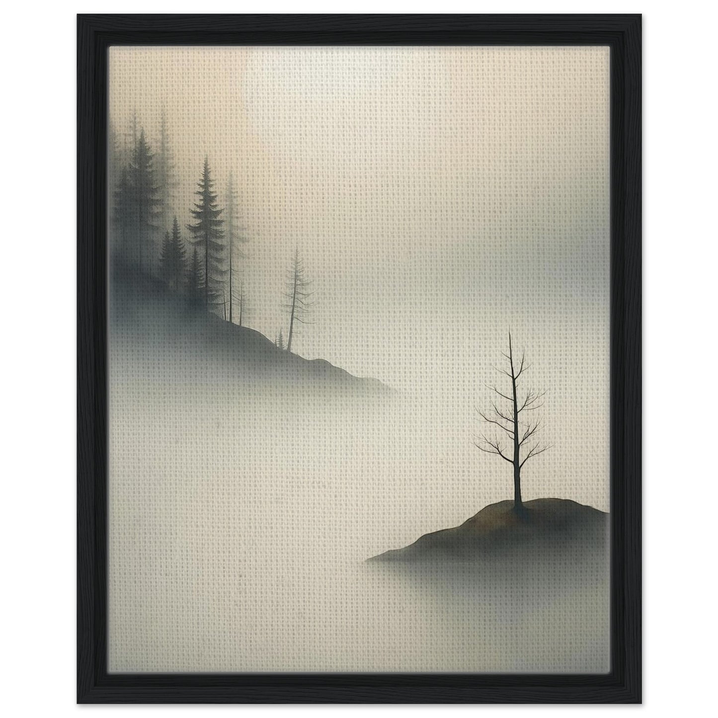 Soft mist nature artwork with distant pine trees and lone tree in natural wood frame