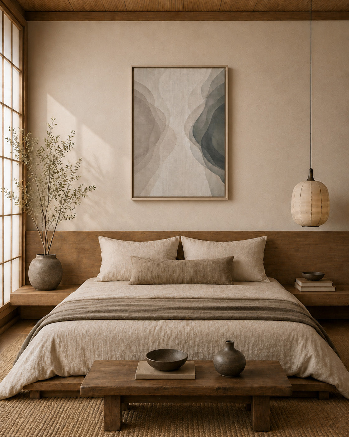 Soft neutral abstract artwork above bed in a calming minimalist bedroom
