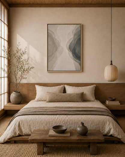 Soft neutral abstract artwork above bed in a calming minimalist bedroom