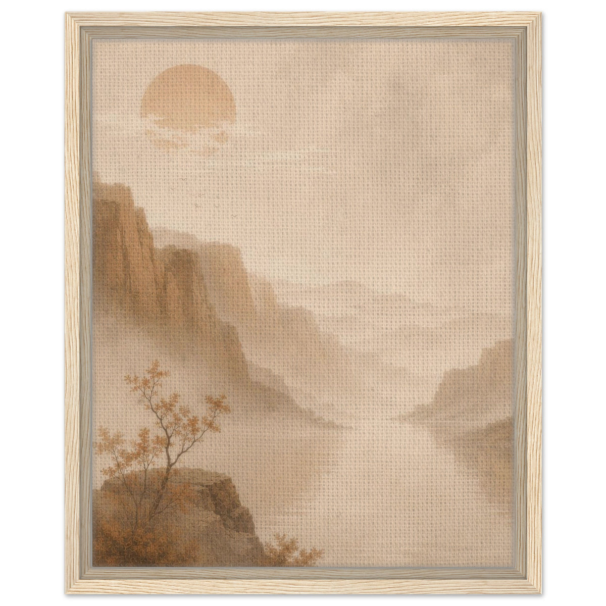 Soft neutral landscape art with misty mountains and delicate tree detail in natural wood frame