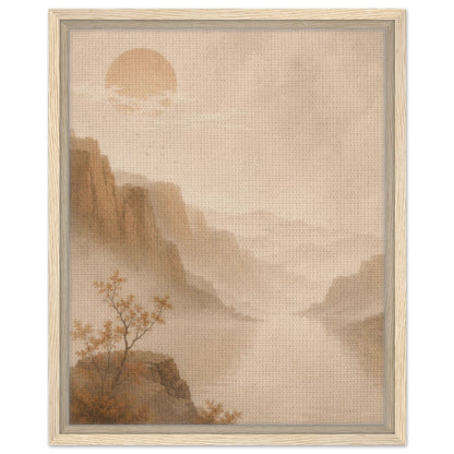 Soft neutral landscape art with misty mountains and delicate tree detail in natural wood frame