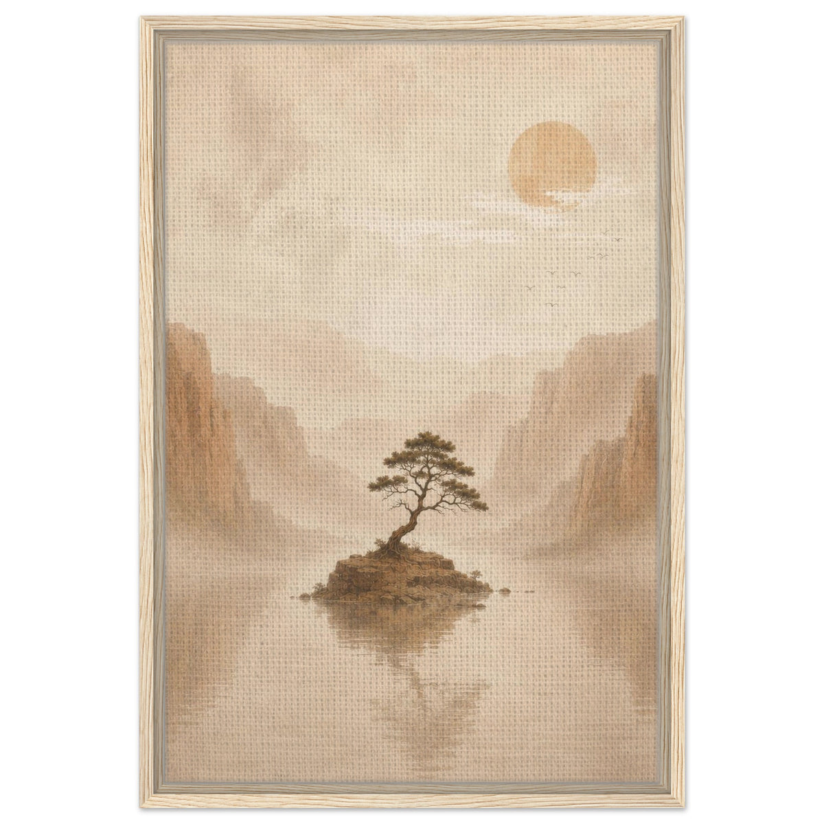 Soft sun landscape artwork with lone tree and misty mountain scenery in dark wood frame