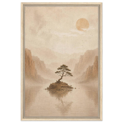 Soft sun landscape artwork with lone tree and misty mountain scenery in dark wood frame