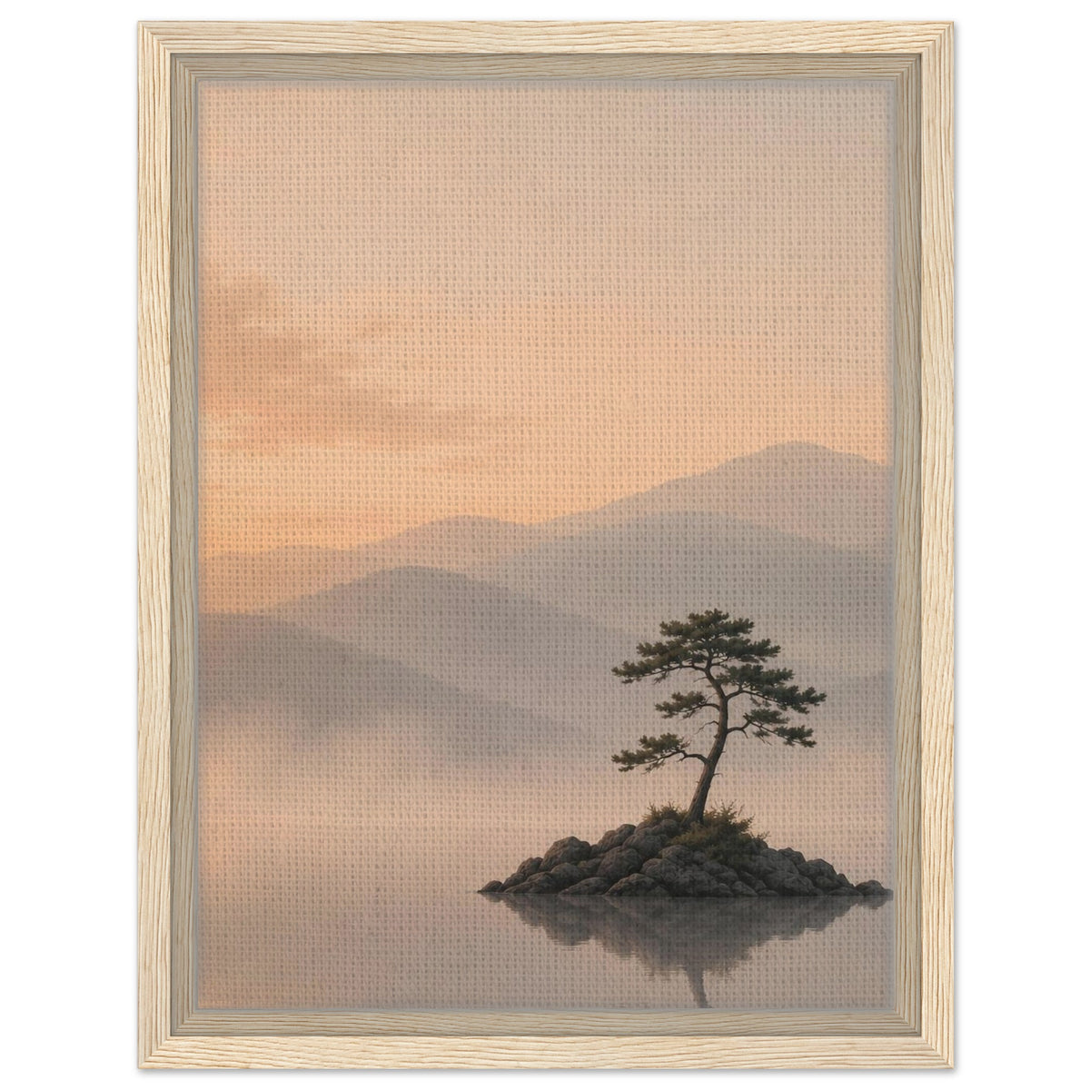 Soft sunset landscape with pine tree reflection and layered mountains in natural wood frame