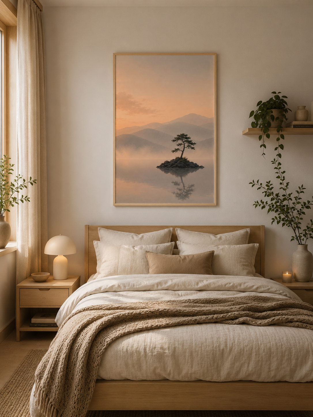 Minimalist framed landscape artwork above a cozy Scandinavian bedroom in neutral tones.
