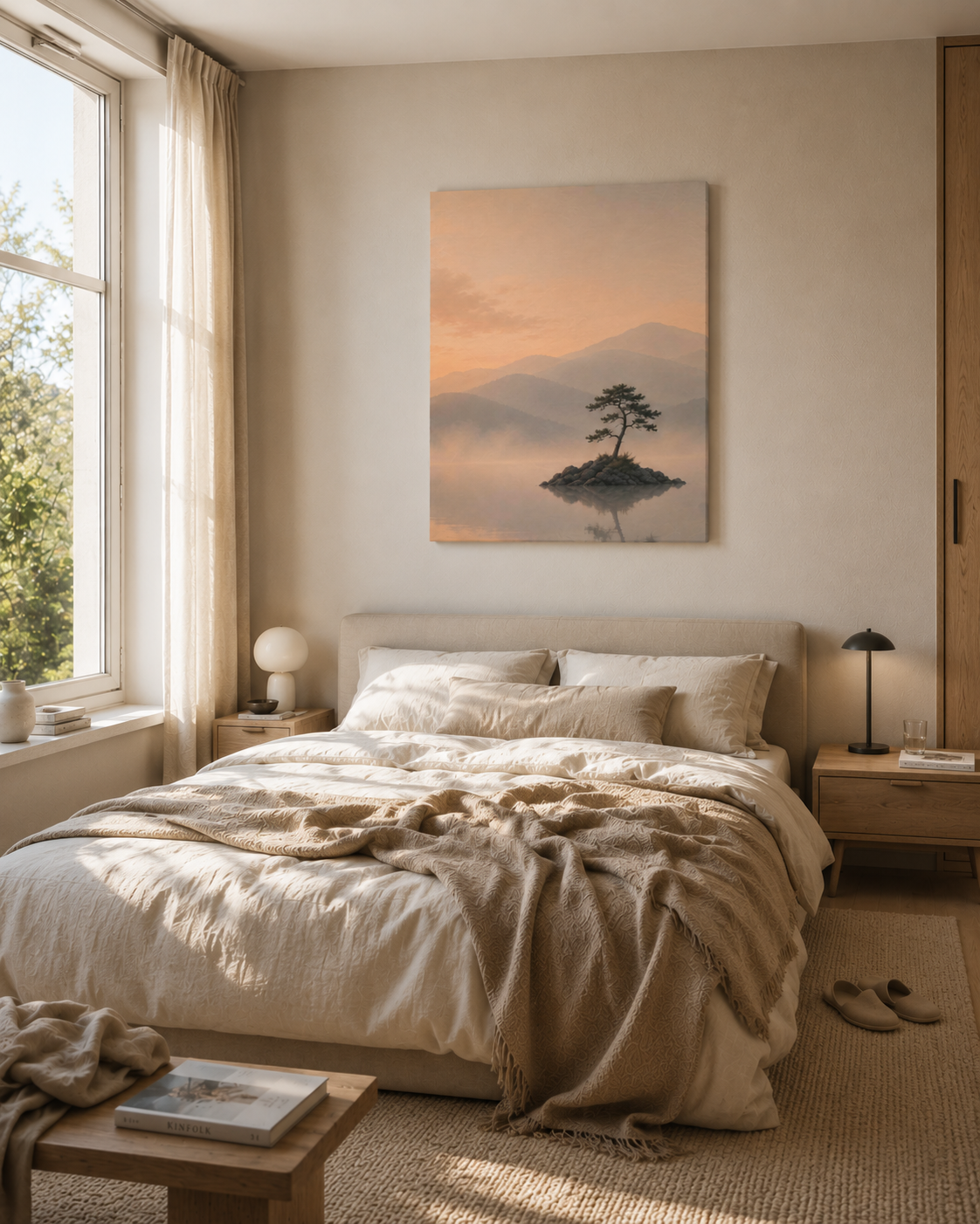 Still Waters landscape canvas displayed in a cozy modern bedroom