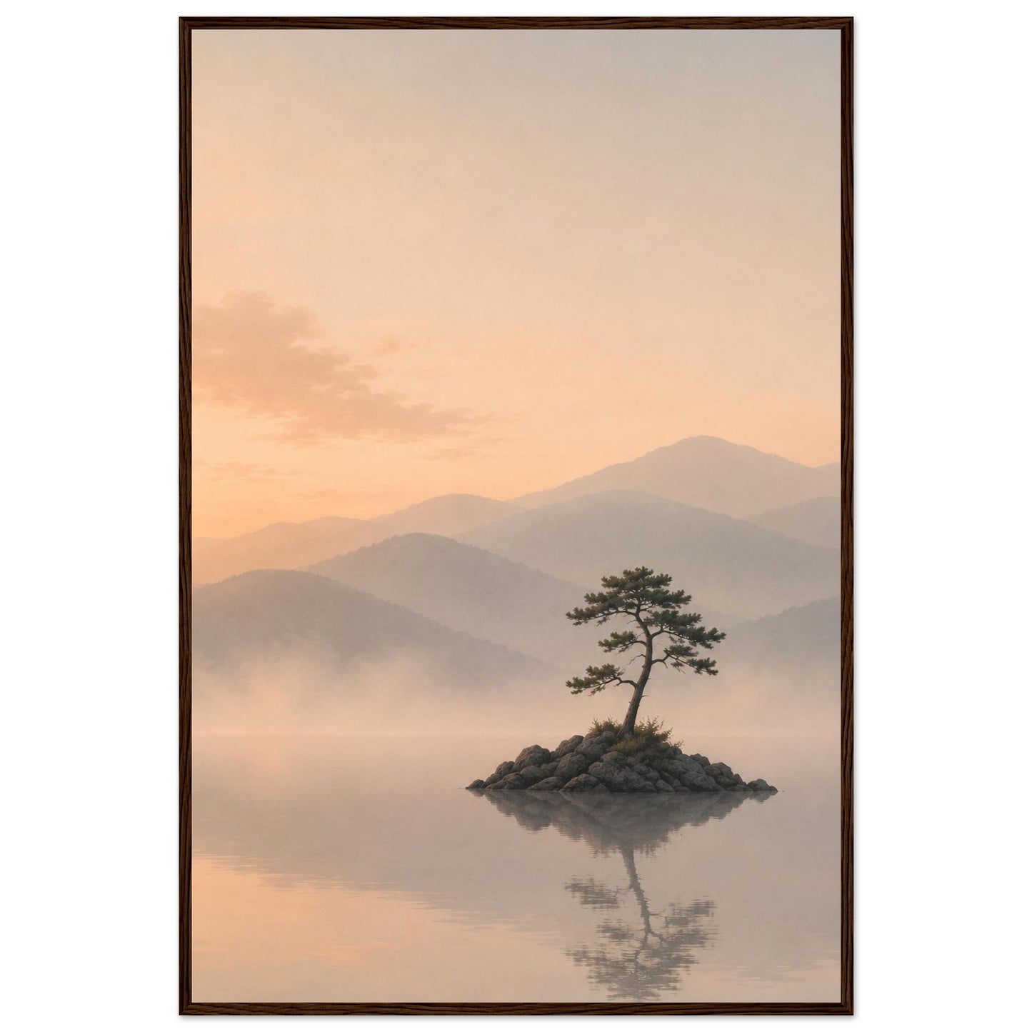 Still Waters landscape wall art displayed in a black wooden frame with misty mountain scenery.