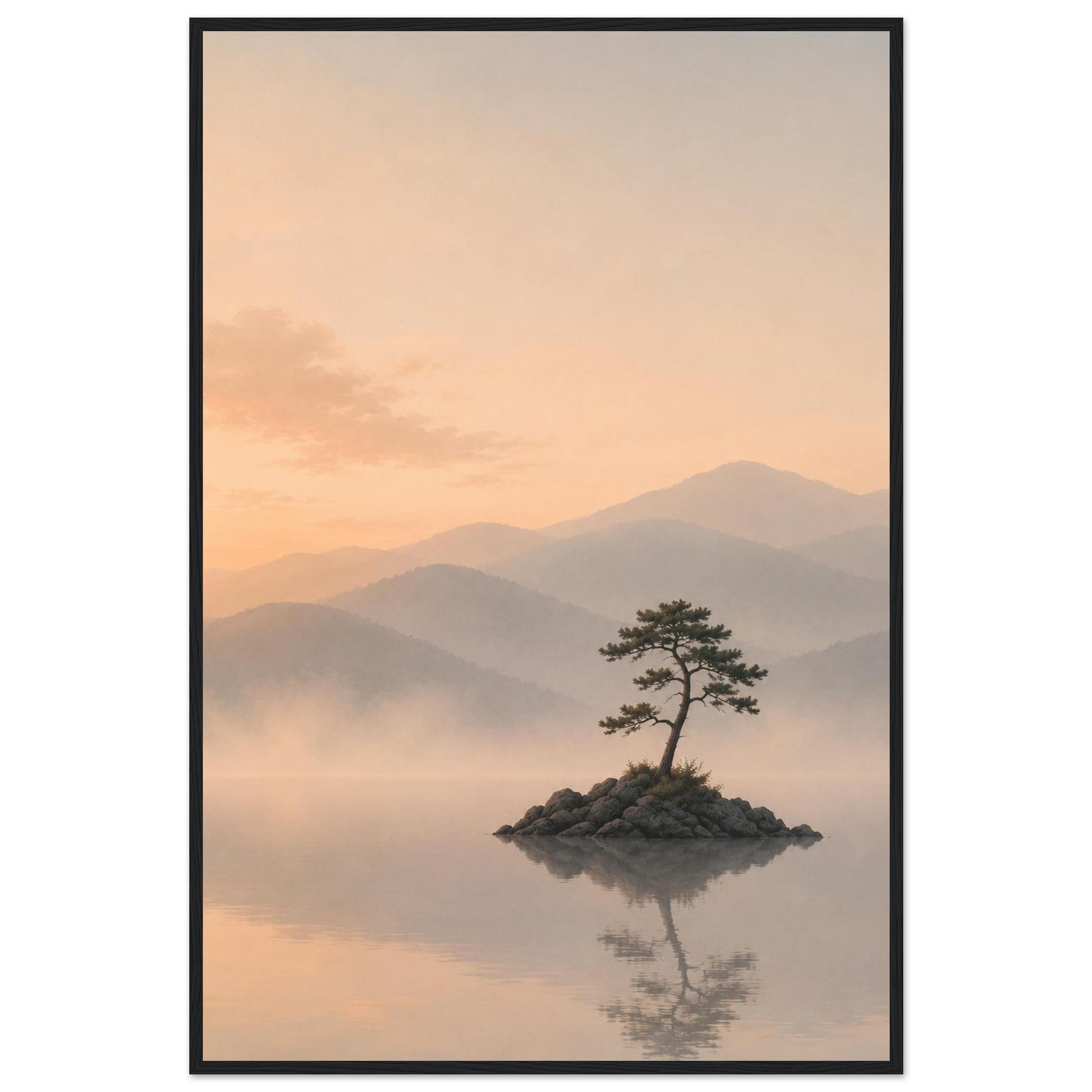Framed minimalist landscape artwork featuring a solitary tree and layered mountain background.