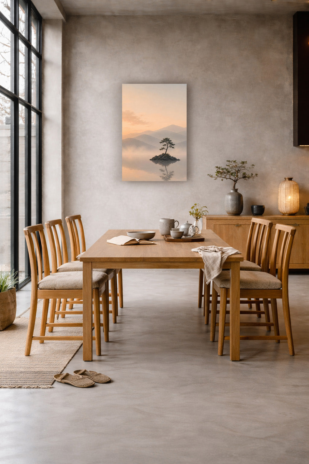 Still Waters landscape poster in a modern Scandinavian dining room