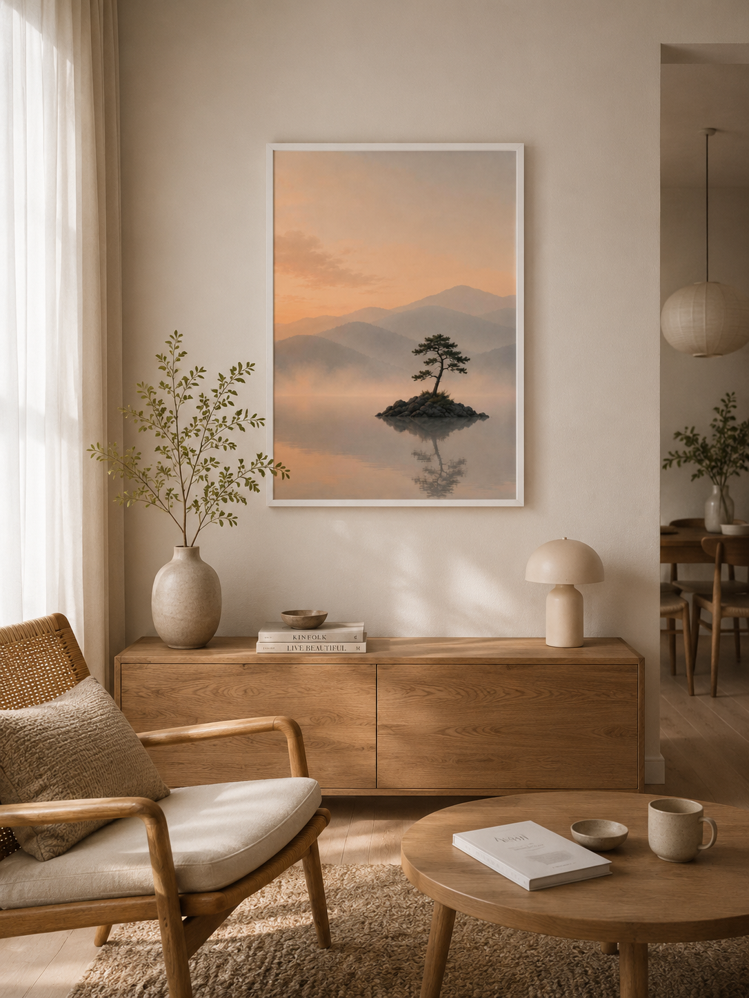 Still Waters framed wall art styled in a warm Scandinavian living room with natural wood furniture.