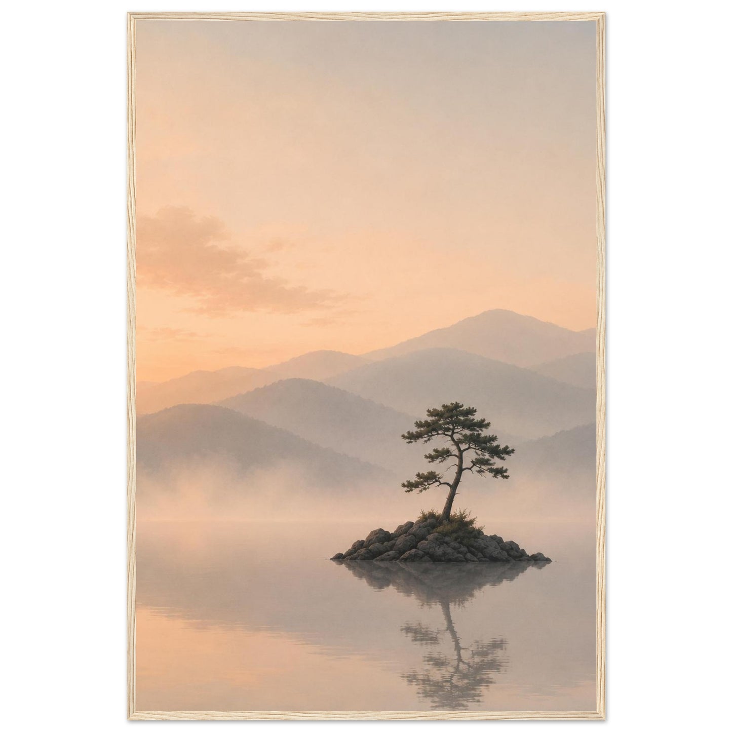 Minimalist framed landscape print with soft beige mountains and a lone tree reflected in calm water.