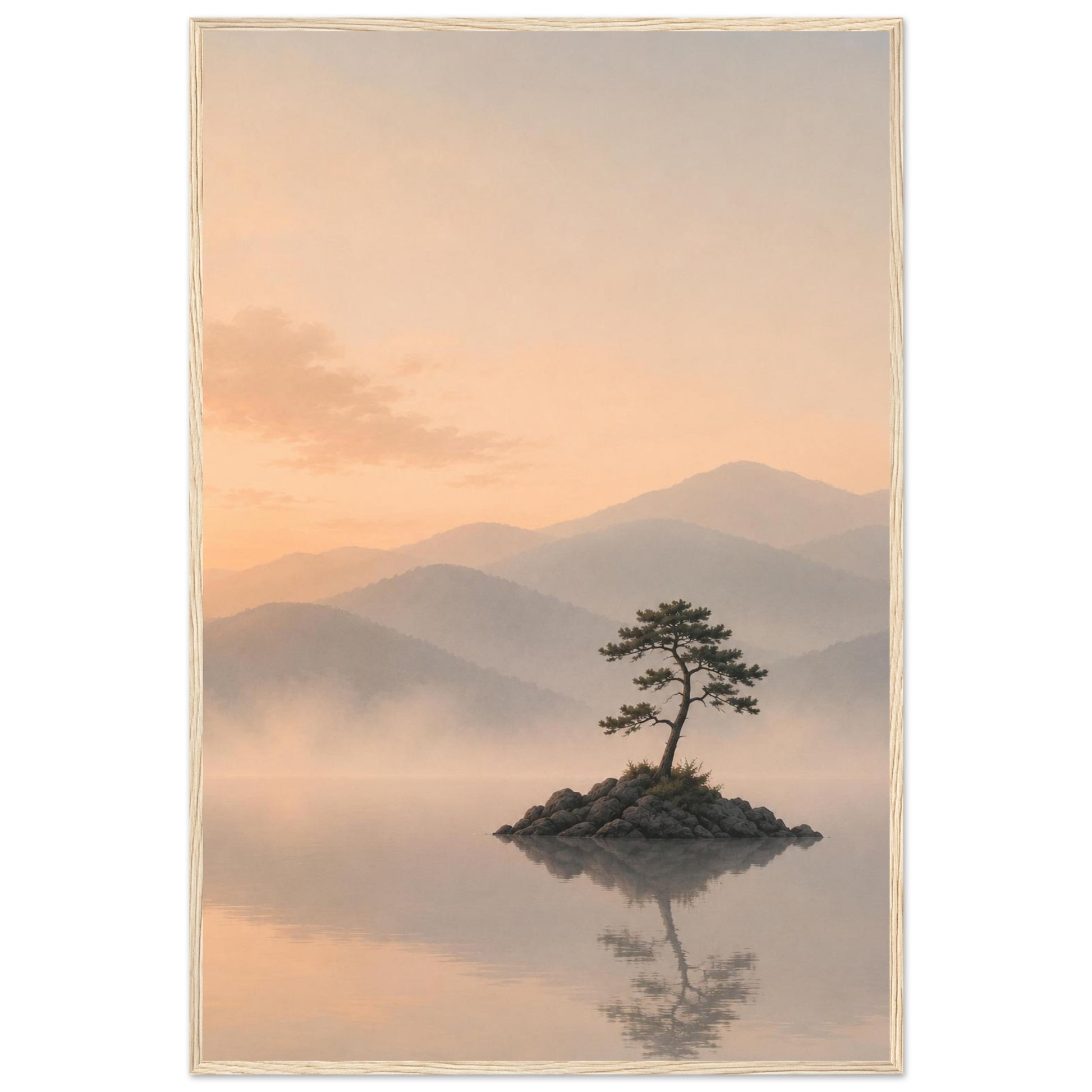 Minimalist framed landscape print with soft beige mountains and a lone tree reflected in calm water.