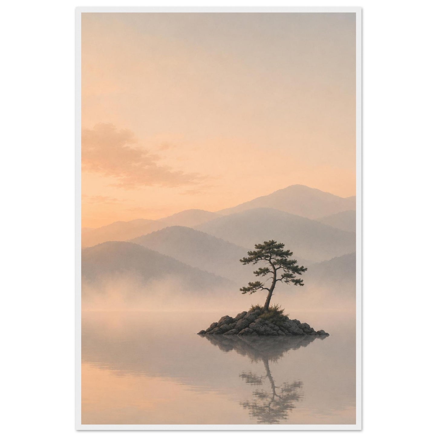 Still Waters framed wall art with a white wooden frame featuring a solitary tree on a rocky island surrounded by misty mountains.