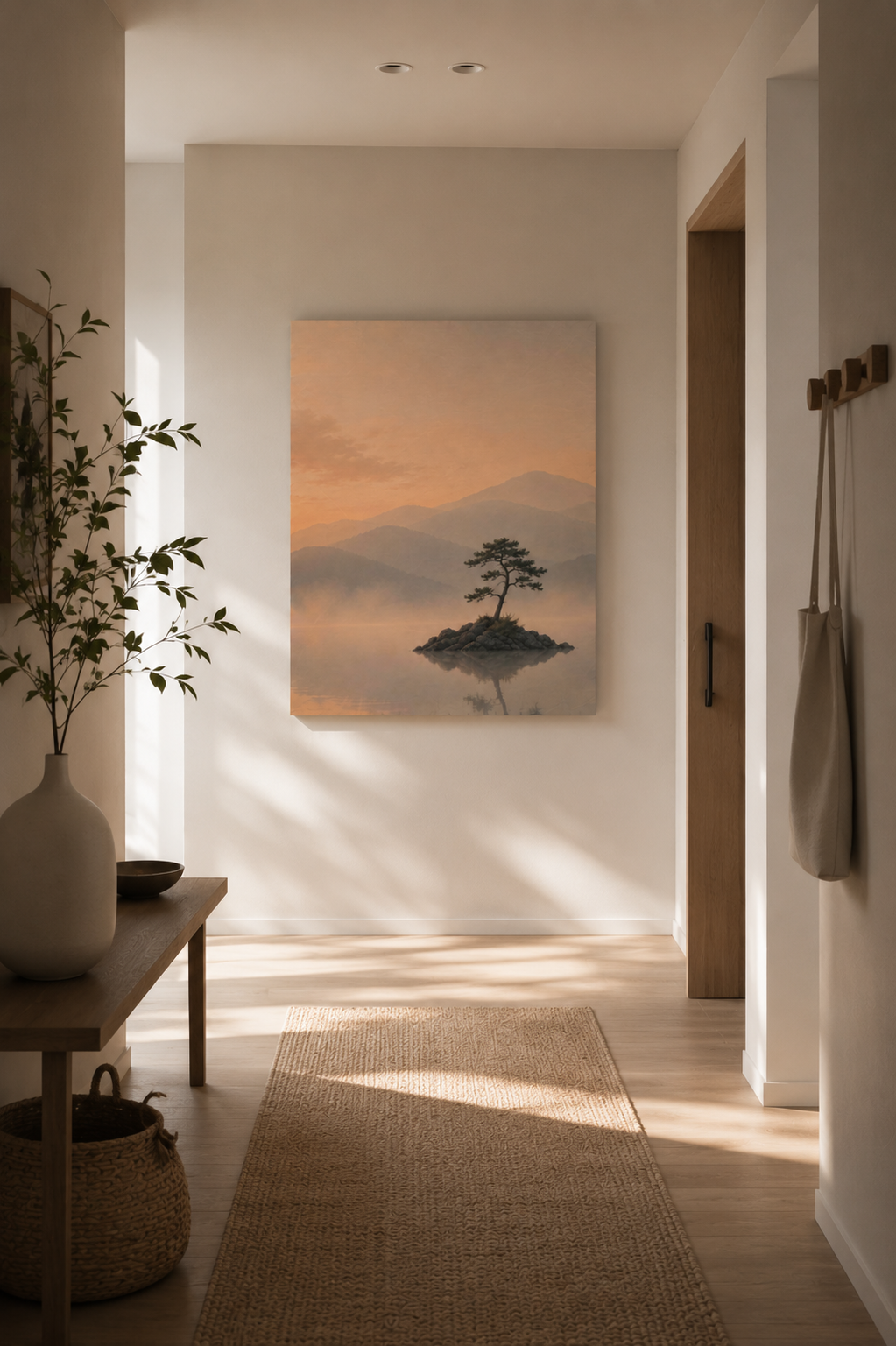 Still Waters minimalist wall art in a bright contemporary hallway