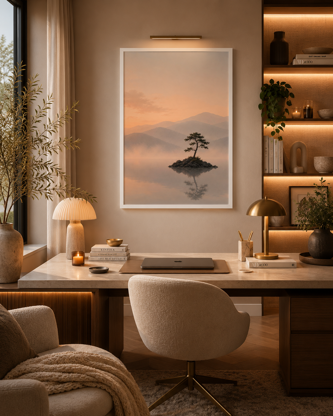 Still Waters framed wall art displayed in a luxurious Scandinavian home office with warm lighting.