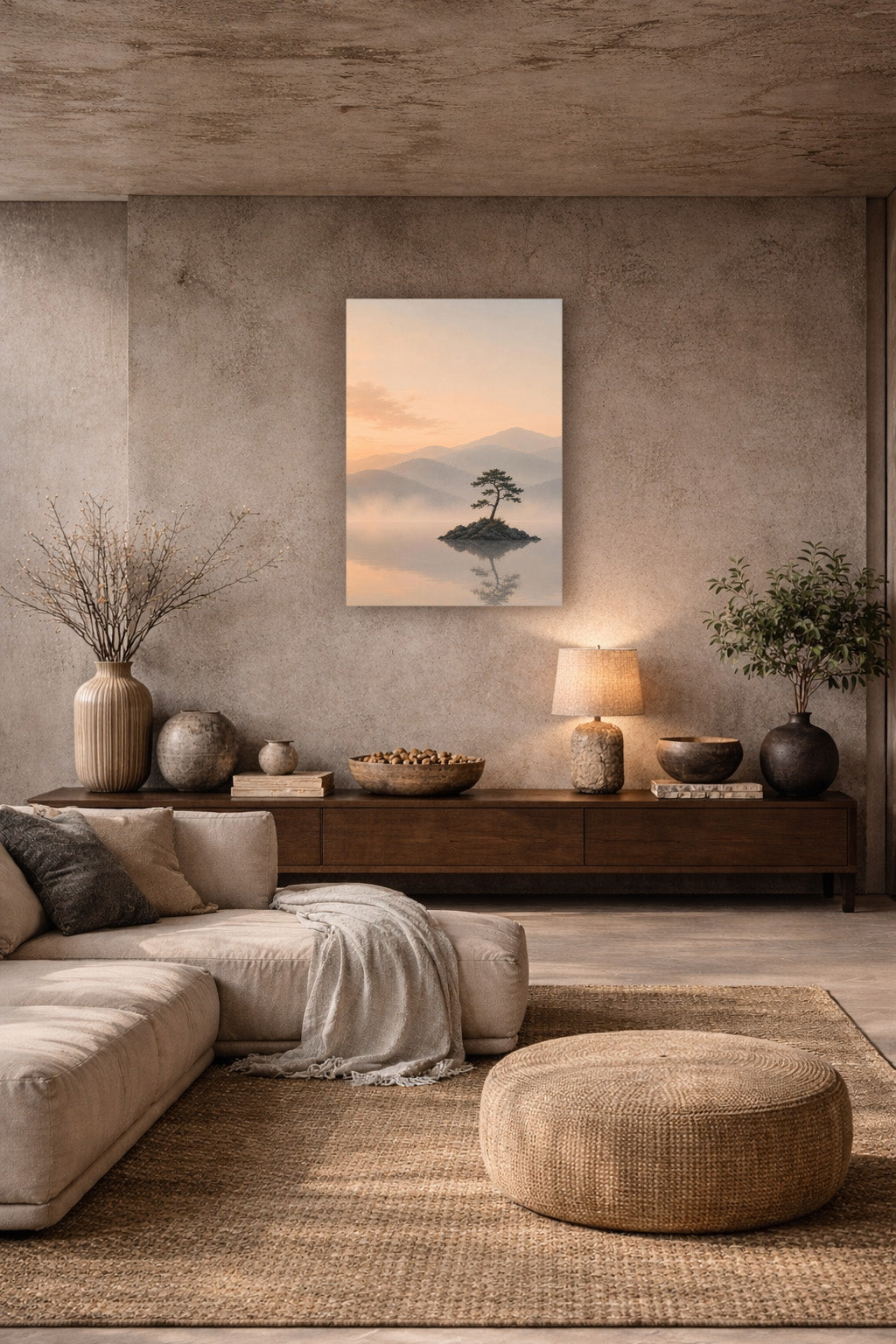 Still Waters minimalist poster displayed in a cozy living room
