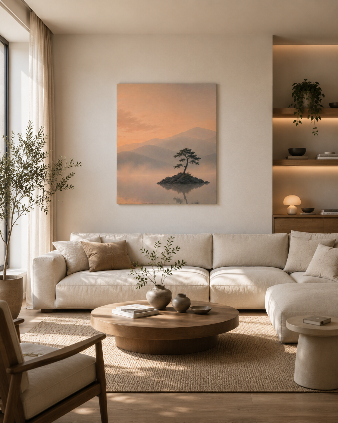 Still Waters minimalist landscape canvas in a modern Scandinavian living room