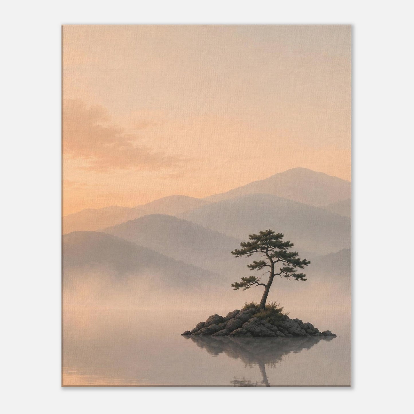Still Waters minimalist landscape canvas featuring misty mountains and a solitary tree