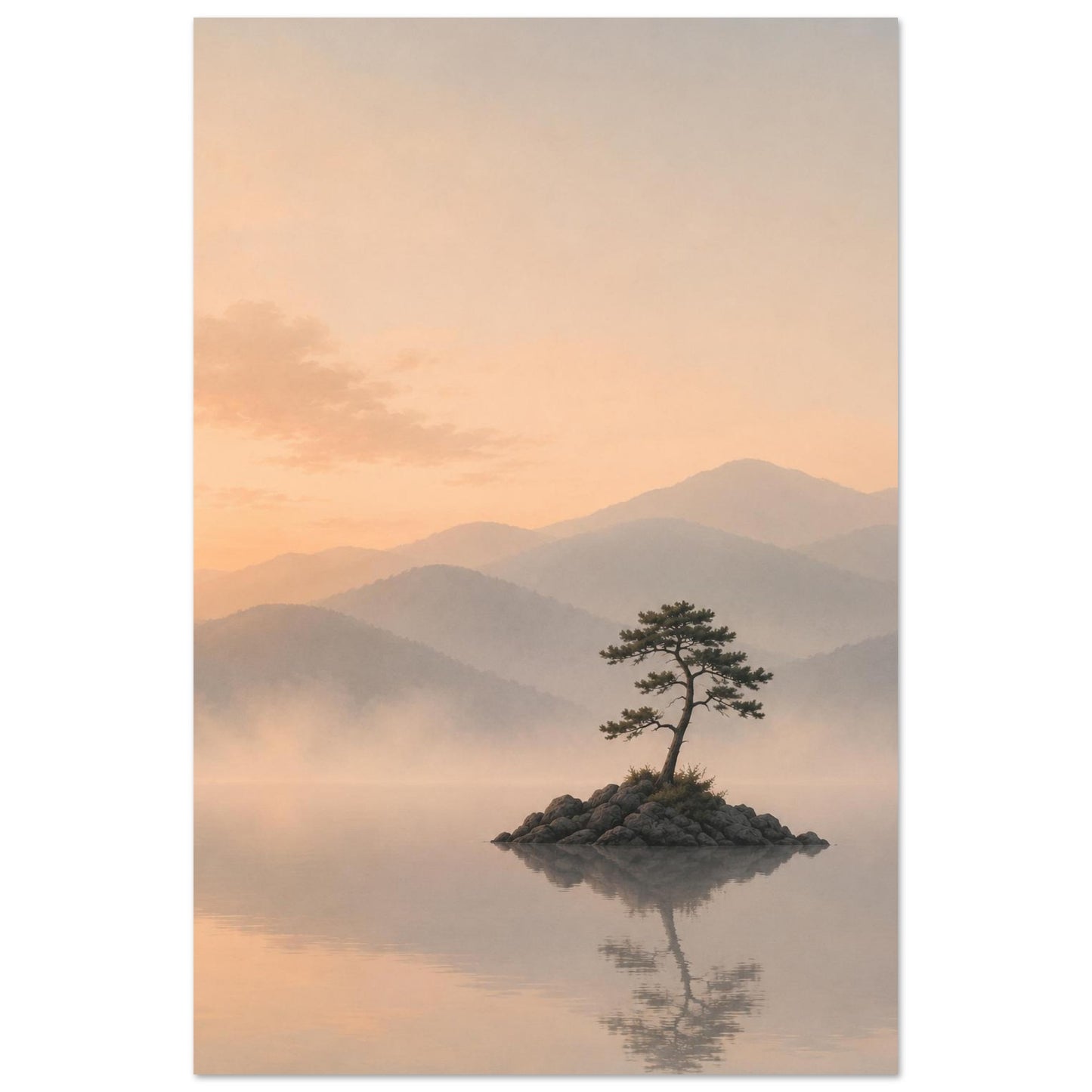 Still Waters minimalist landscape poster featuring misty mountains and a solitary tree