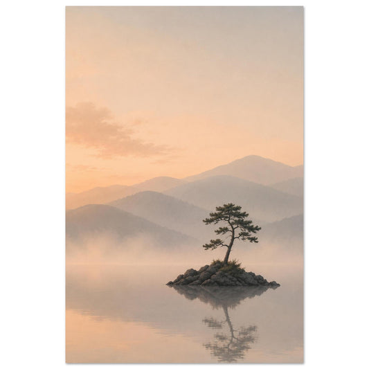 Still Waters minimalist landscape poster featuring misty mountains and a solitary tree