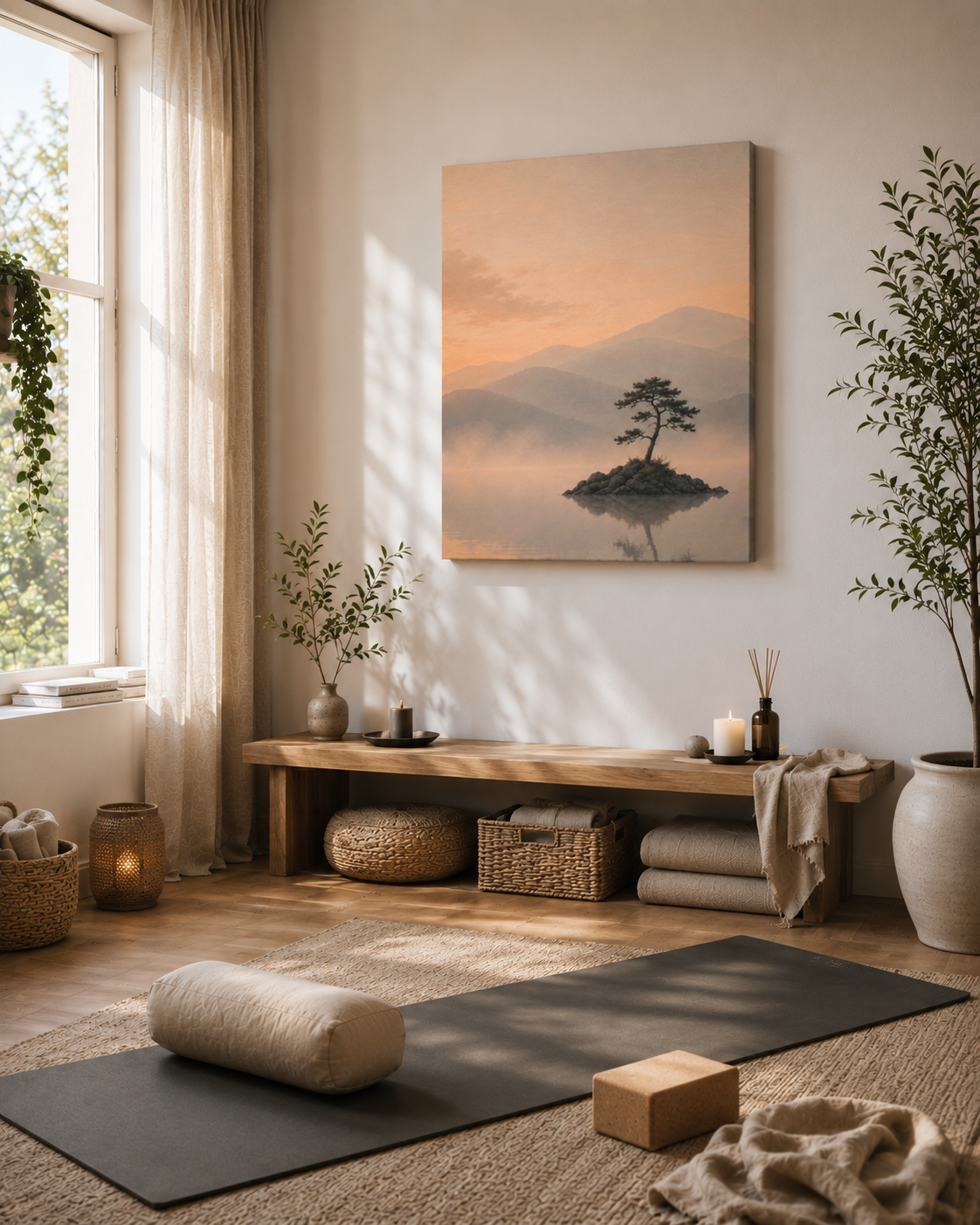 Still Waters canvas print in a peaceful yoga and meditation space