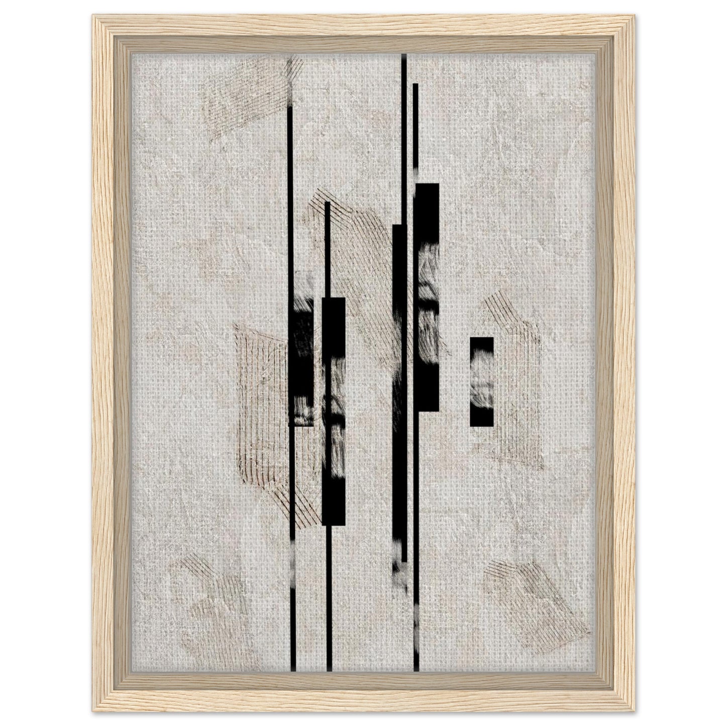 Structured abstract artwork with black vertical elements in a natural wood frame