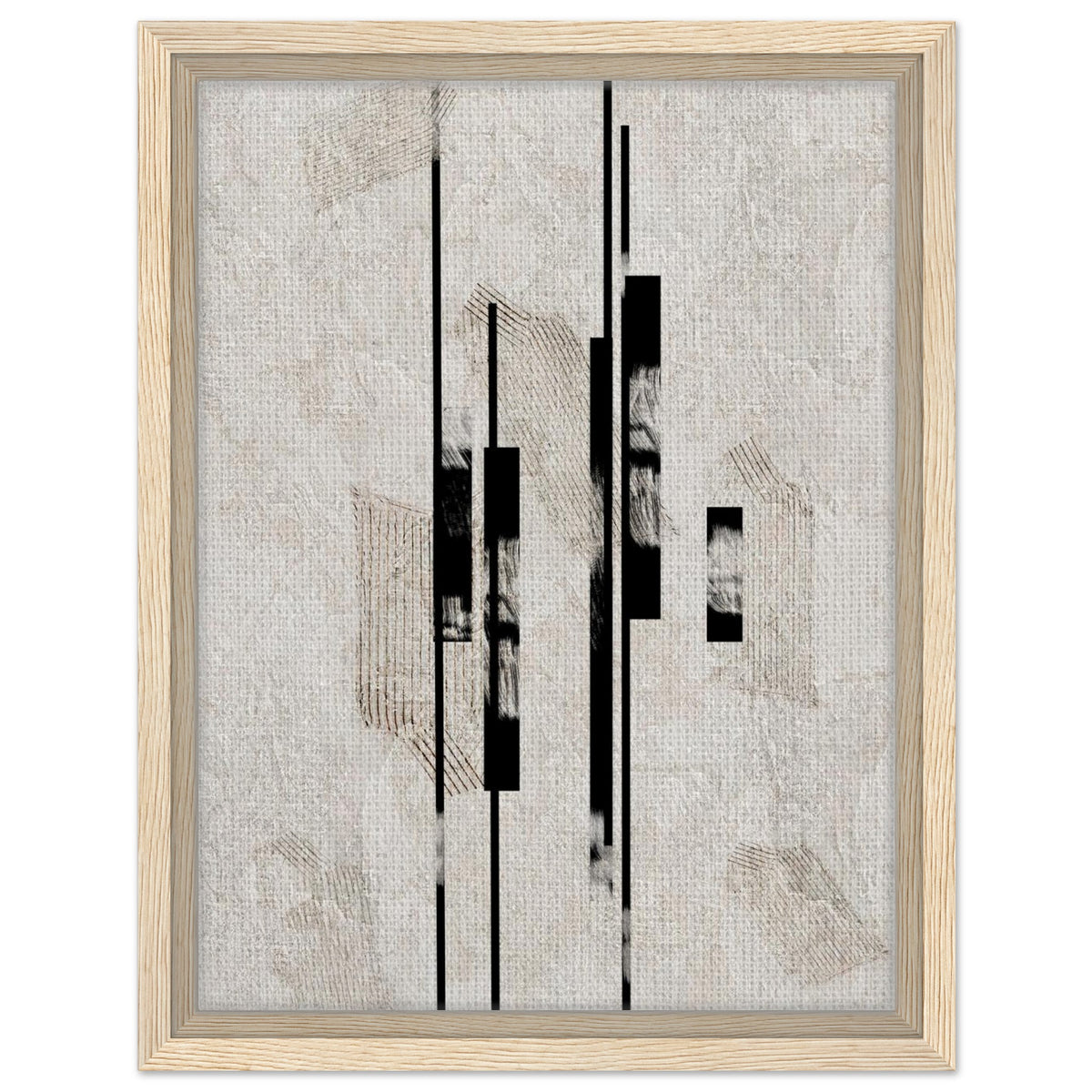 Structured abstract artwork with black vertical elements in a natural wood frame