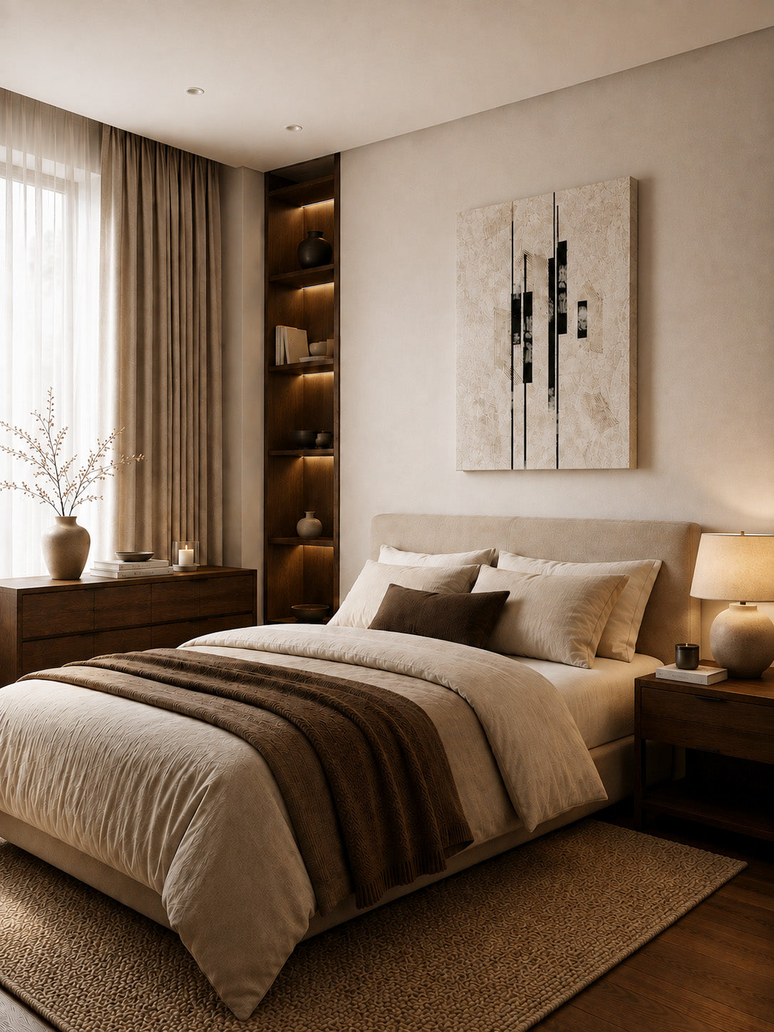 Sumi Stone canvas above the bed in a warm neutral bedroom