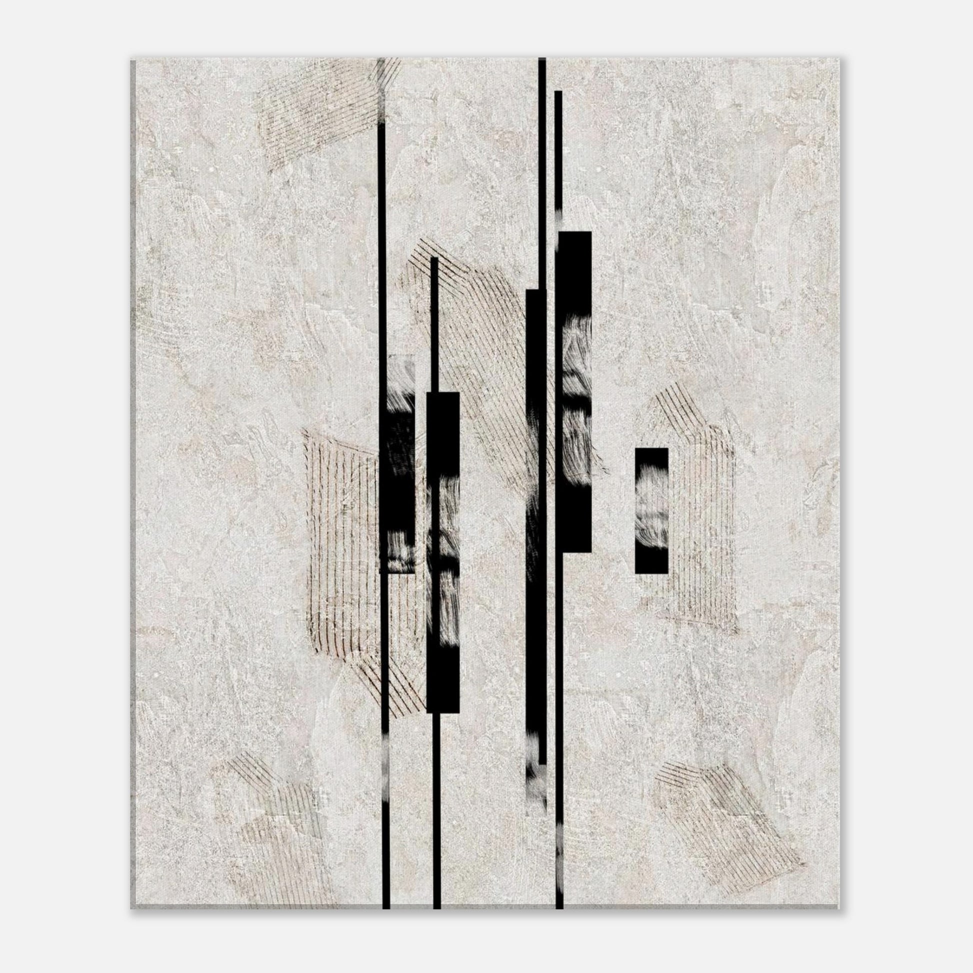 Detail of Sumi Stone canvas showing dry brush breaks and dark geometric blocks