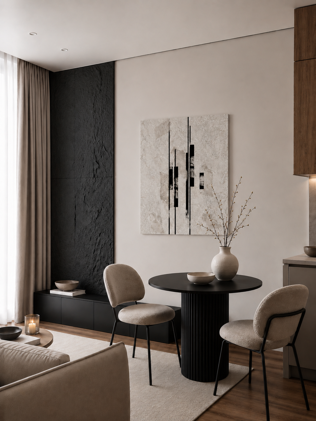 Sumi Stone canvas on a dark wall in a dining area with a round table and chairs