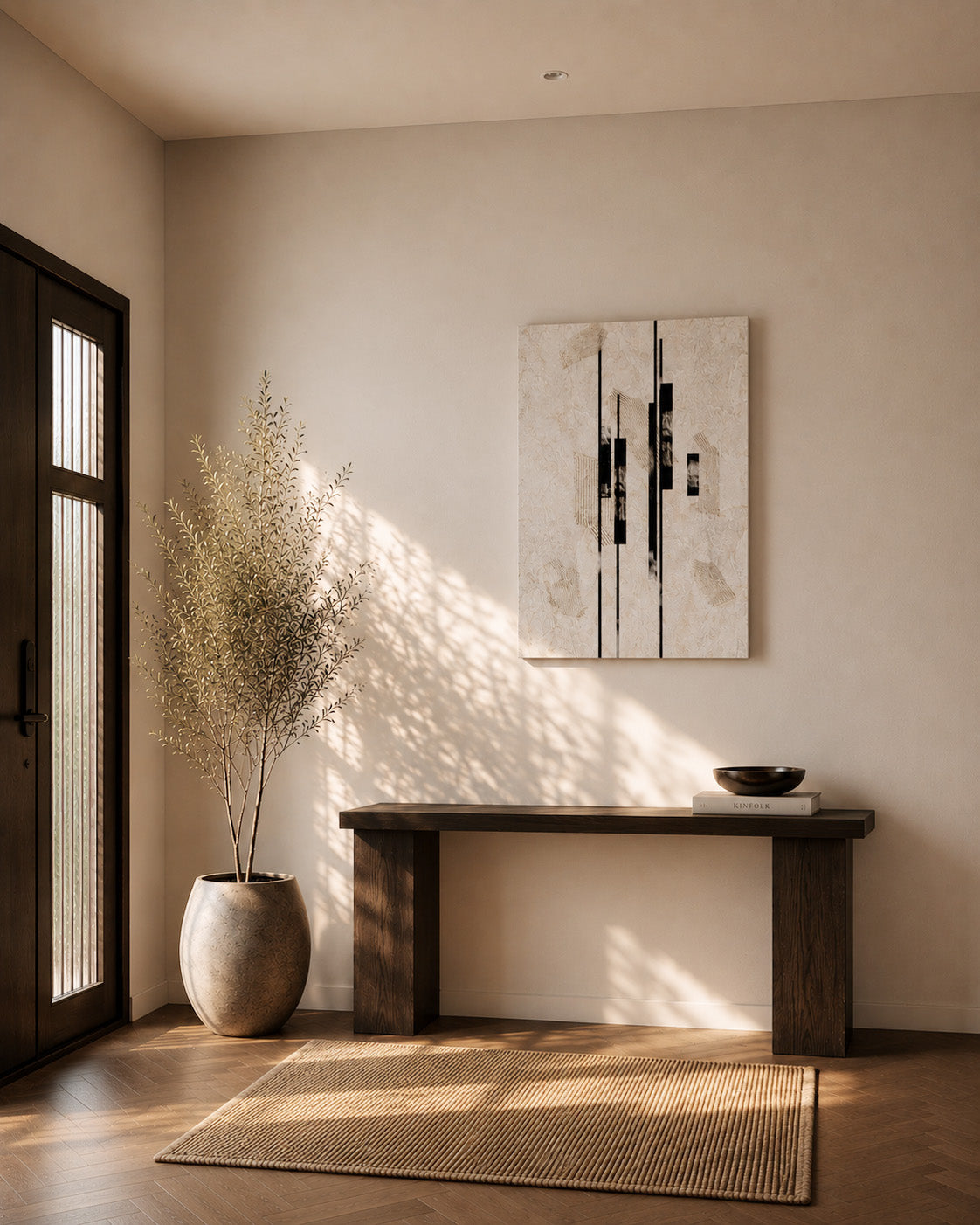 Sumi Stone canvas in a sunlit entryway above a console table with dried branches