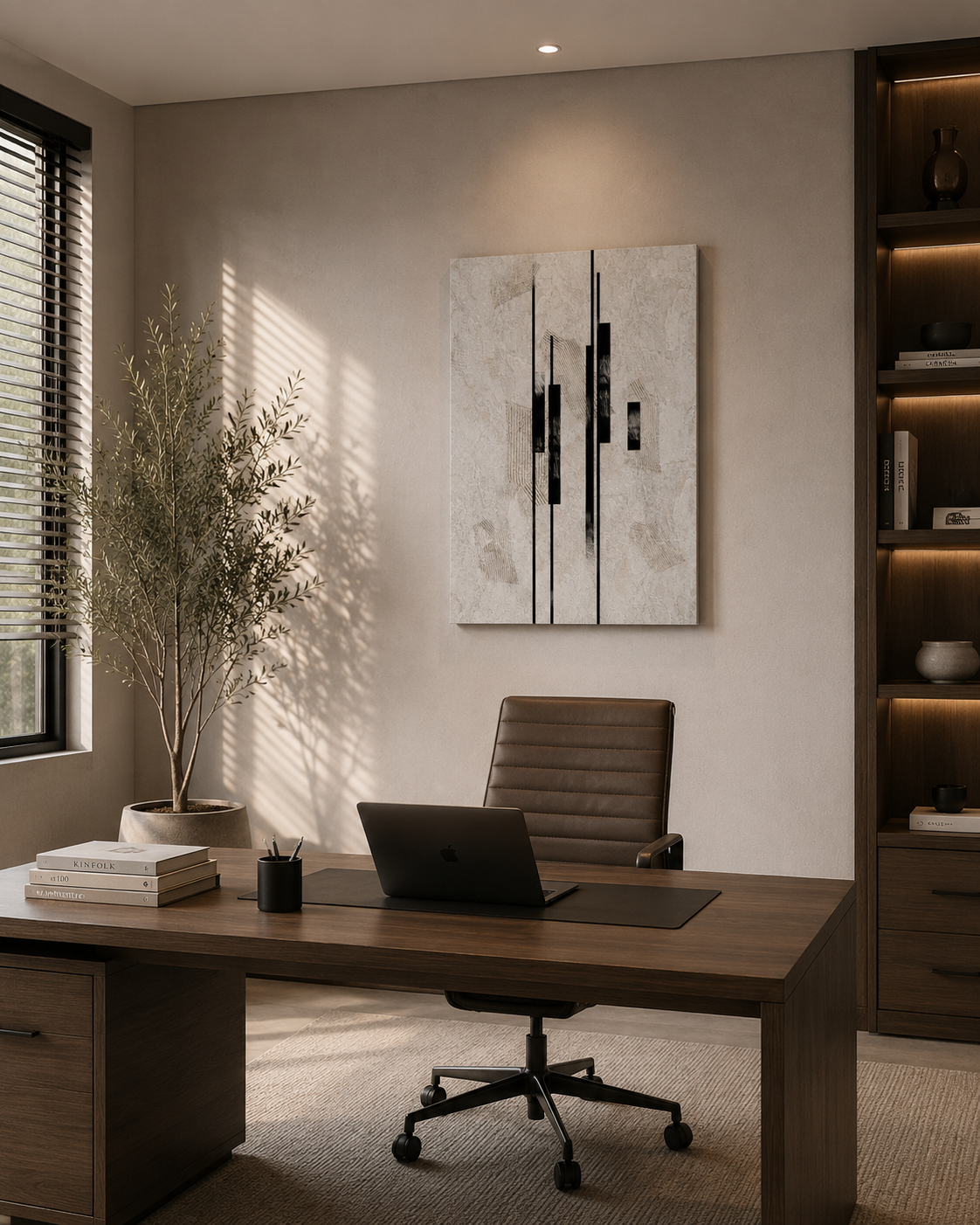 Sumi Stone canvas on the wall of a home office behind a desk and chair