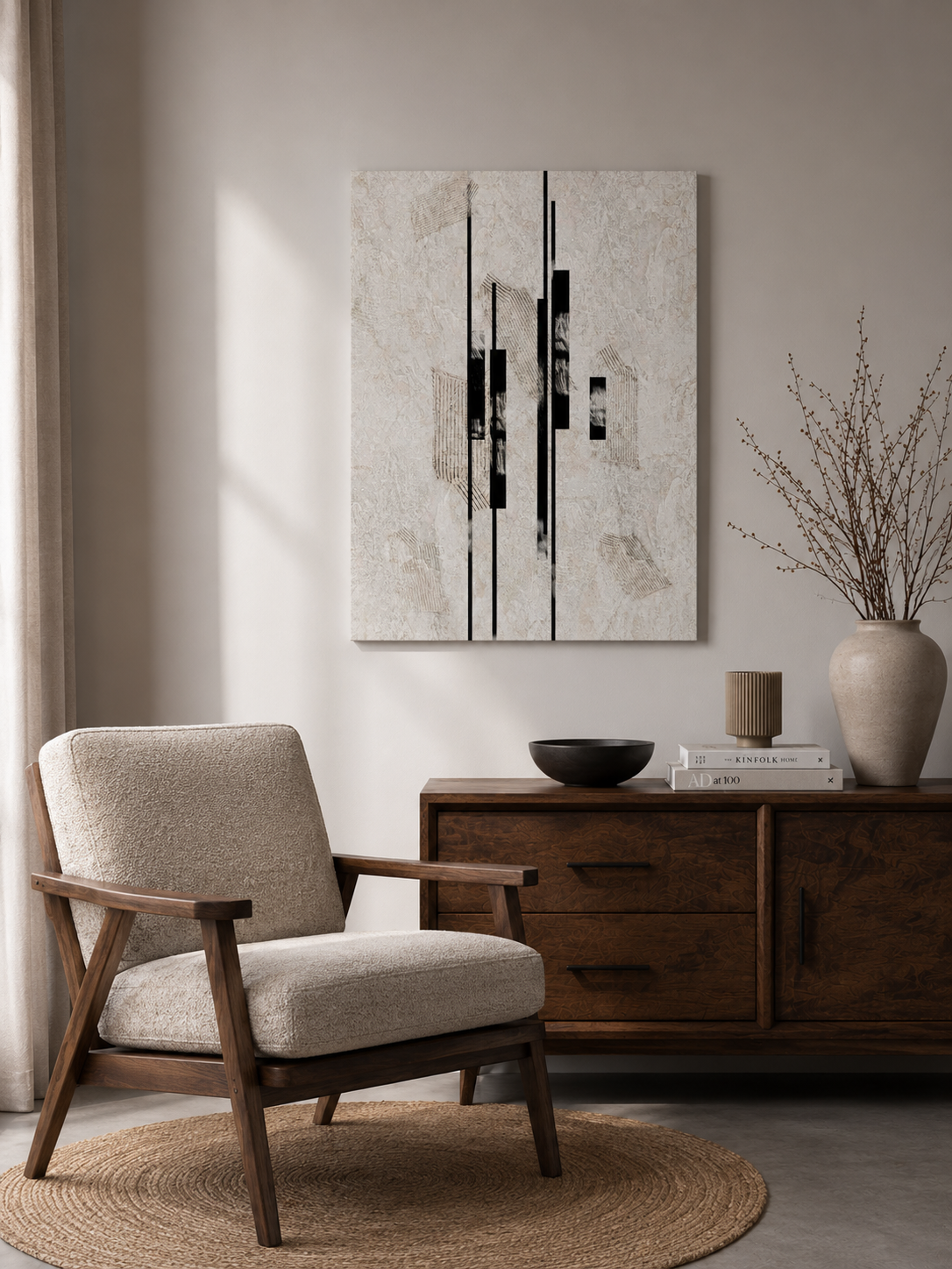 Sumi Stone canvas in a living room above a wooden sideboard and armchair