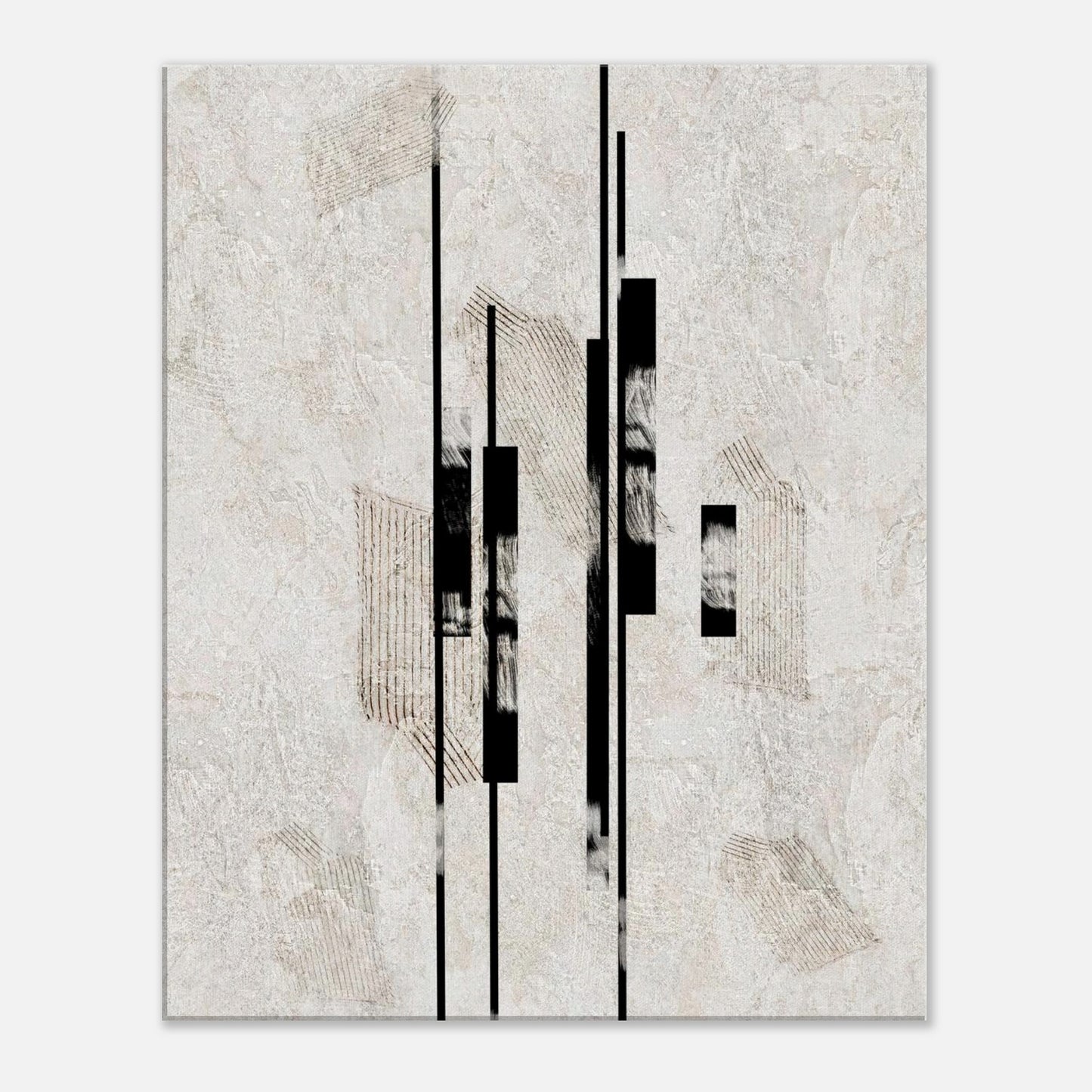 Sumi Stone Asian canvas wall art with heavy black brush columns on a layered light ground
